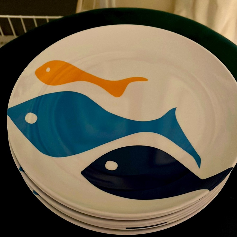 Pottery Barn melamine plates; set of 10; four multi-colored anchors; six fish.